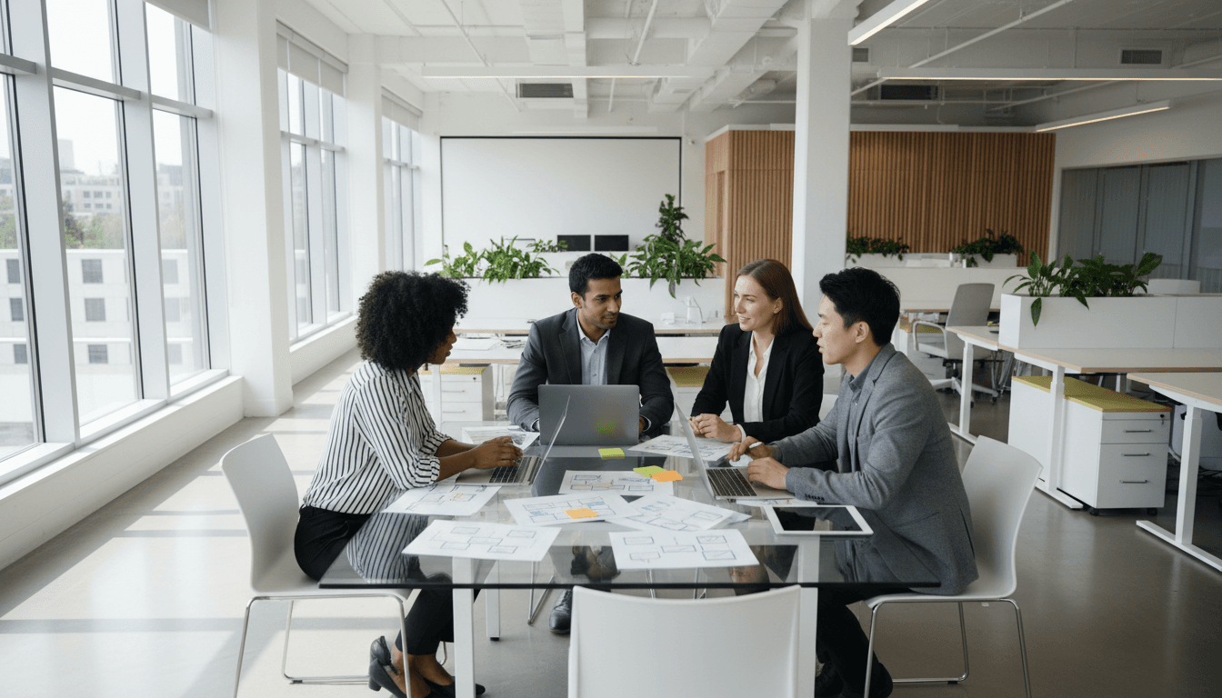 Diverse tech team collaborating around conference table with laptops in bright modern office with natural light