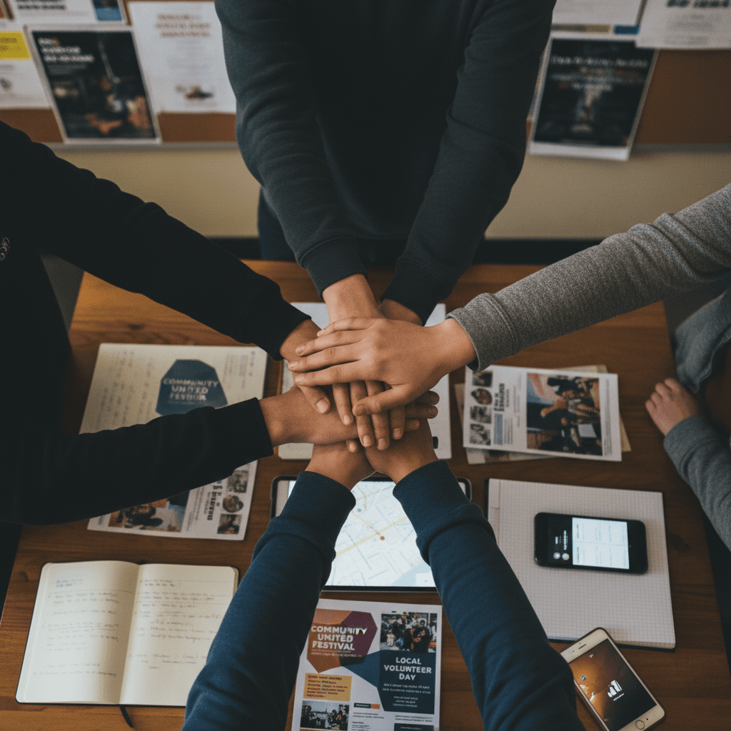 Overhead shot of diverse young people's hands joined together on table with community event materials, symbolizing unity